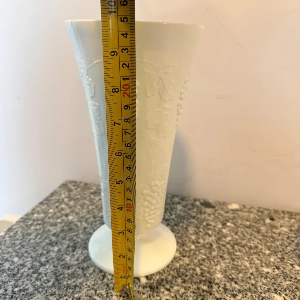 Vintage Milk Glass Grape Harvest Trumpet Vase White Pressed Glass 9 Inch
